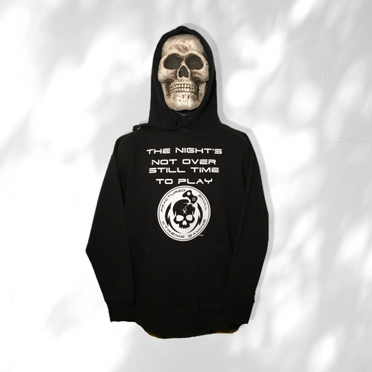 Fractured Skull Xtreme "The Nights Not Over Still Time To Play" White on Black Hoodie