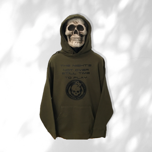 Fractured Skull Xtreme "The Nights Not Over Still Time To Play" Black on Olive Drab Hoodie