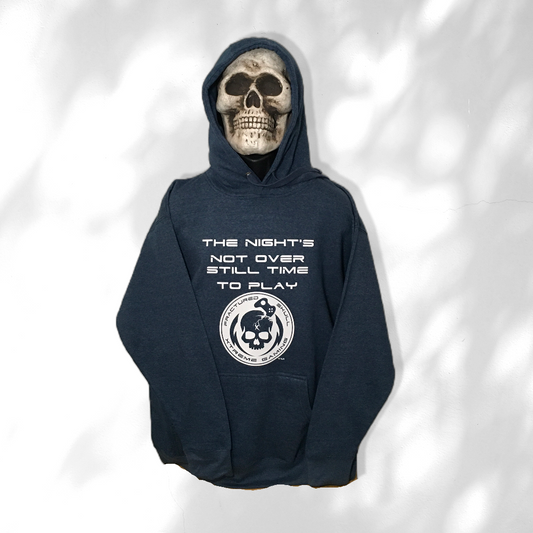 Fractured Skull Xtreme "The Nights Not Over Still Time To Play" White on Denim Blue Hoodie