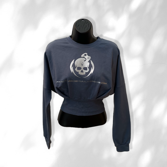 Fractured Skull Xtreme Misses Silver on Blue Bumpersticker Crop Top