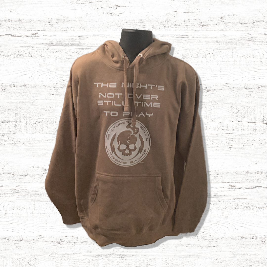 Fractured Skull Xtreme "The Nights Not Over Still Time To Play" White on Wheat Hoodie