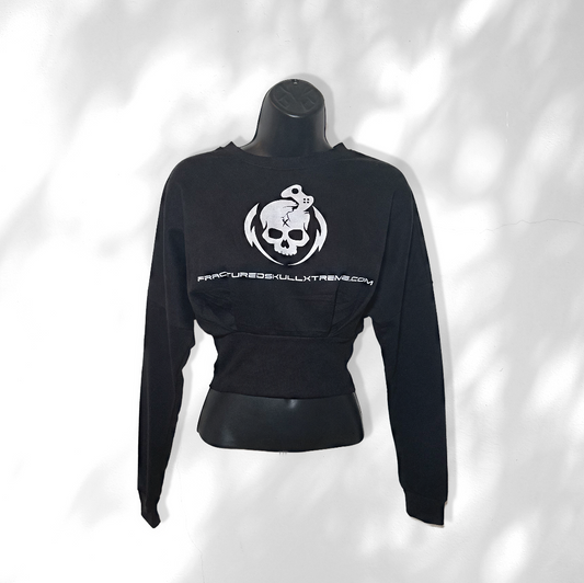 Fractured Skull Xtreme Misses White on Black Bumpersticker Crop Top