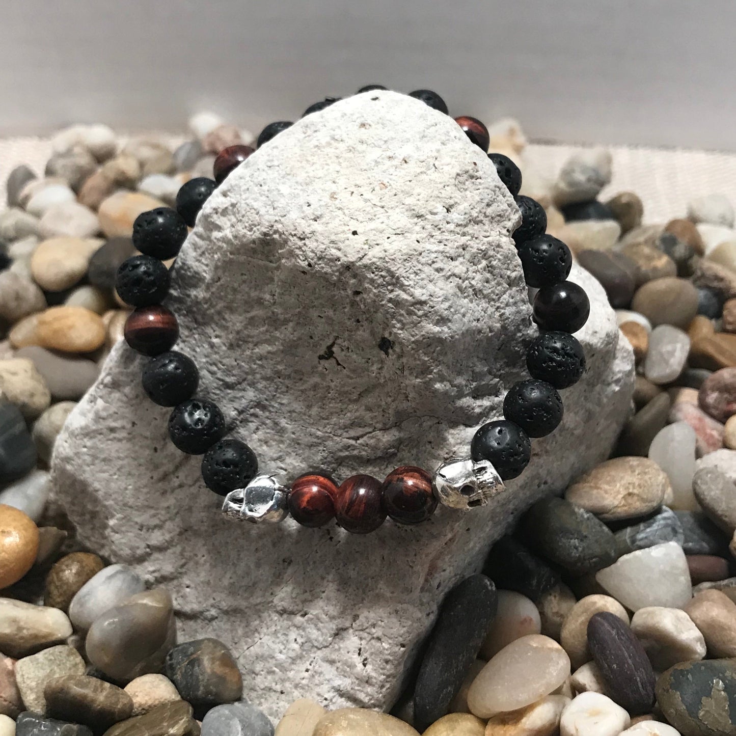 Spirit Skull Lava and Red Tiger Eye Gemstone Healing Bracelet