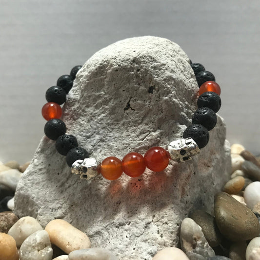 Spirit Skull Lava and Red Agate Gemstone Healing Bracelet