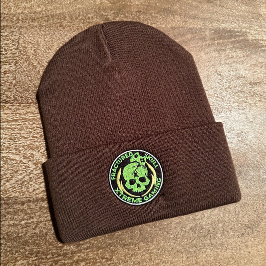 Fractured Skull Xtreme Embroidered Logo Folded Brim Beanie on Chocolate Brown