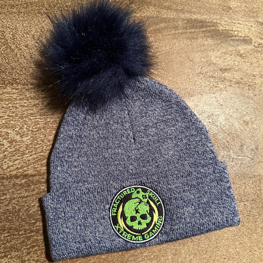 Fractured Skull Xtreme Embroidered Logo Pom Pom Knit Blue Beanie