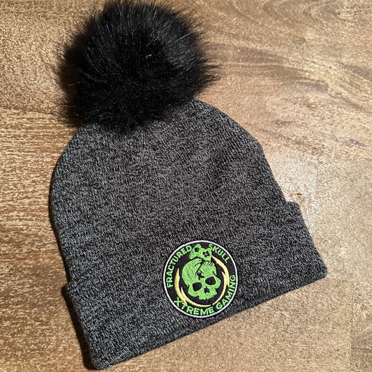 Fractured Skull Xtreme Embroidered Logo Pom Pom Knit Black Beanie