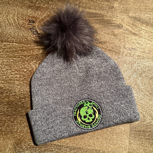 Fractured Skull Xtreme Embroidered Logo Pom Pom Knit Gray Beanie