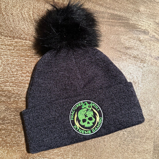 Fractured Skull Xtreme Embroidered Logo Pom Pom Knit Black/Black Beanie