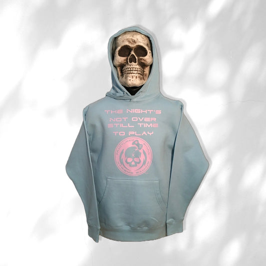 Fractured Skull Xtreme "The Nights Not Over Still Time To Play" Spun Sugar Metallic Pink on "Kotton Candy" Blue Hoodie