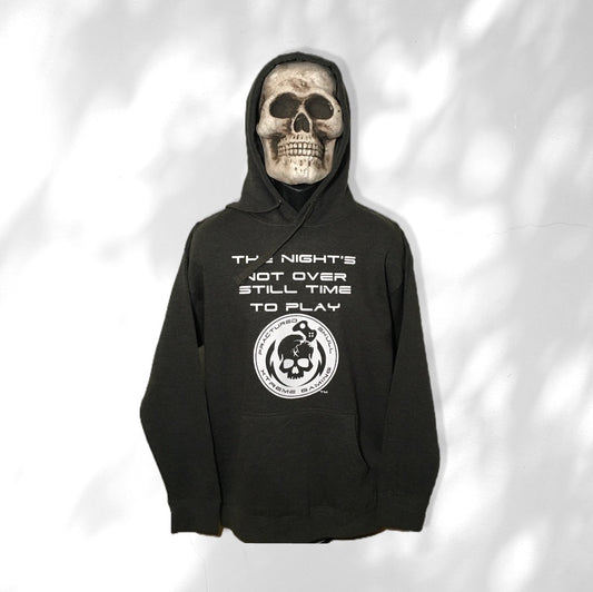 Fractured Skull Xtreme "The Nights Not Over Still Time To Play" White on Dark Gray Hoodie