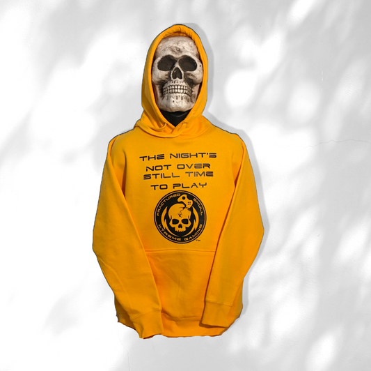 Fractured Skull Xtreme "The Nights Not Over Still Time To Play" Black on Sunset Yellow Hoodie