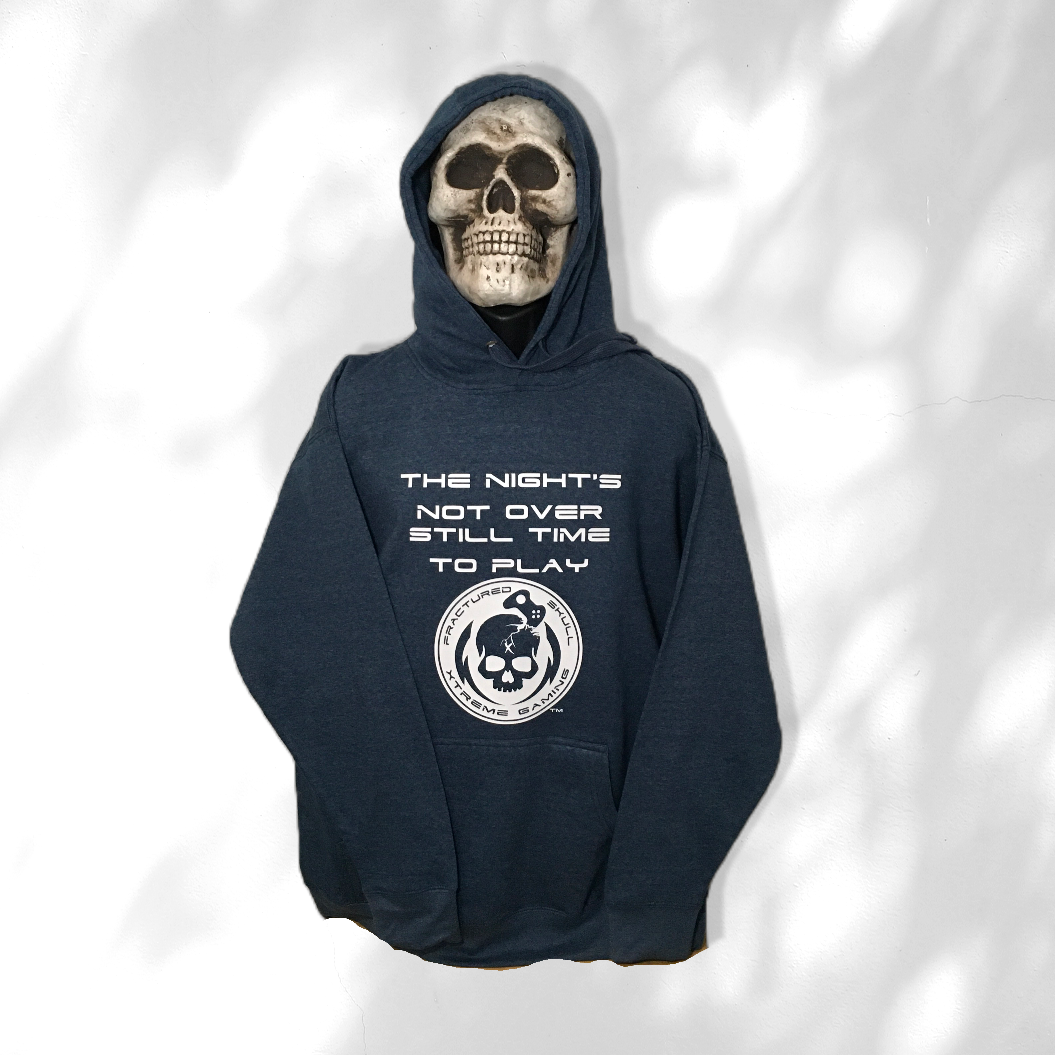 Fractured Skull Xtreme "The Nights Not Over Still Time To Play" White on Denim Blue Hoodie