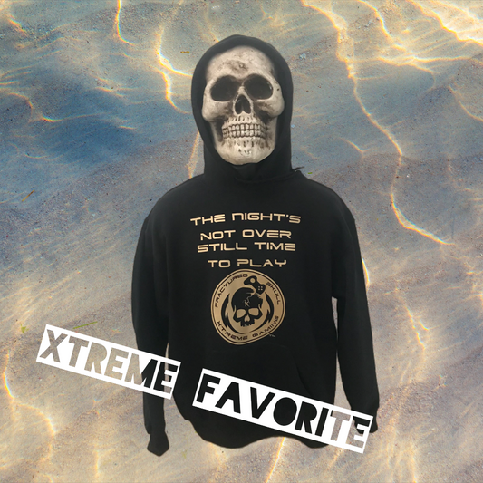 Fractured Skull Xtreme "The Nights Not Over Still Time To Play" Flat Gold on Black Hoodie