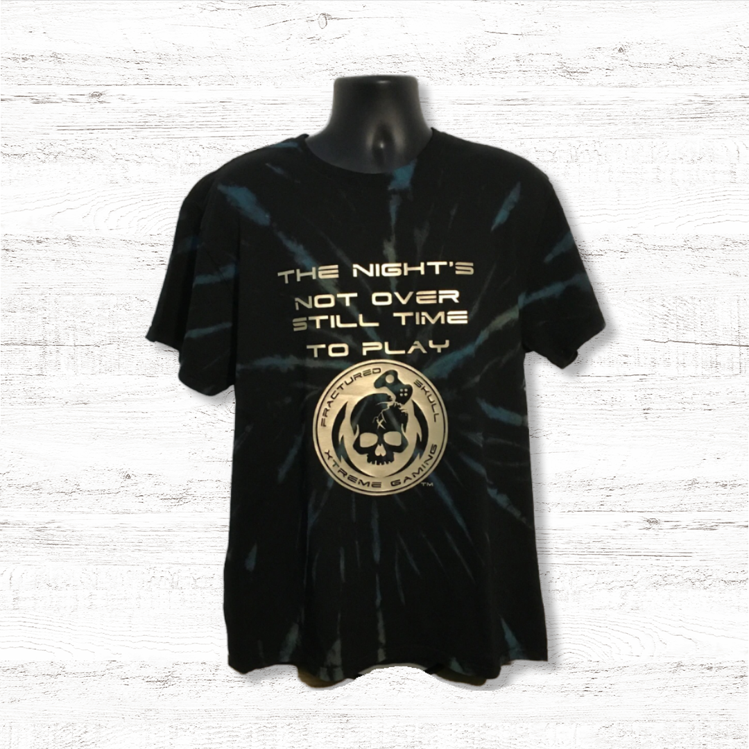 Fractured Skull Xtreme "The Nights Not Over Still Time To Play" Limited Edition Flat Gold on Black Tie Dye Tee