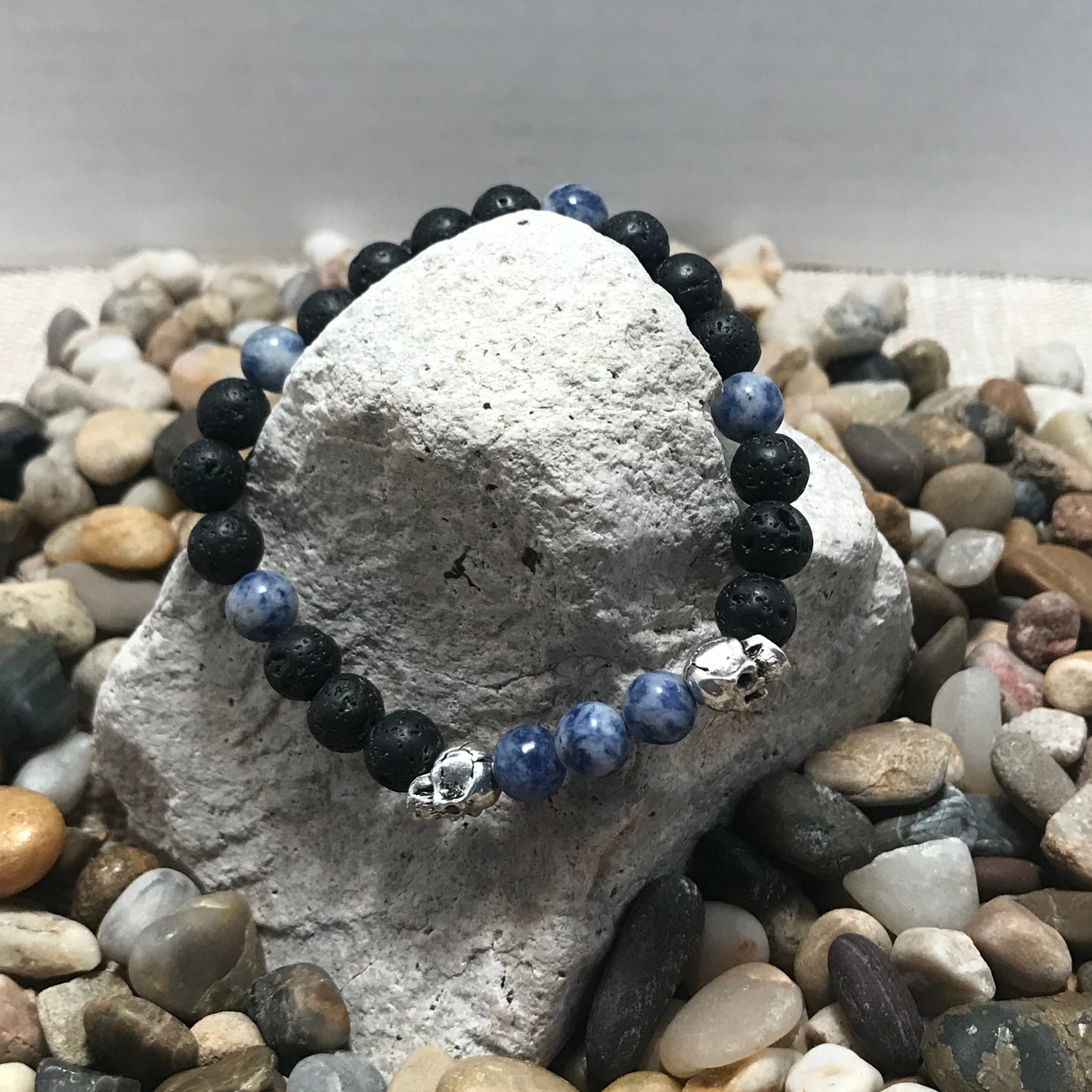 Spirit Skull Lava and White Blue Sodalite Gemstone Healing Bracelet