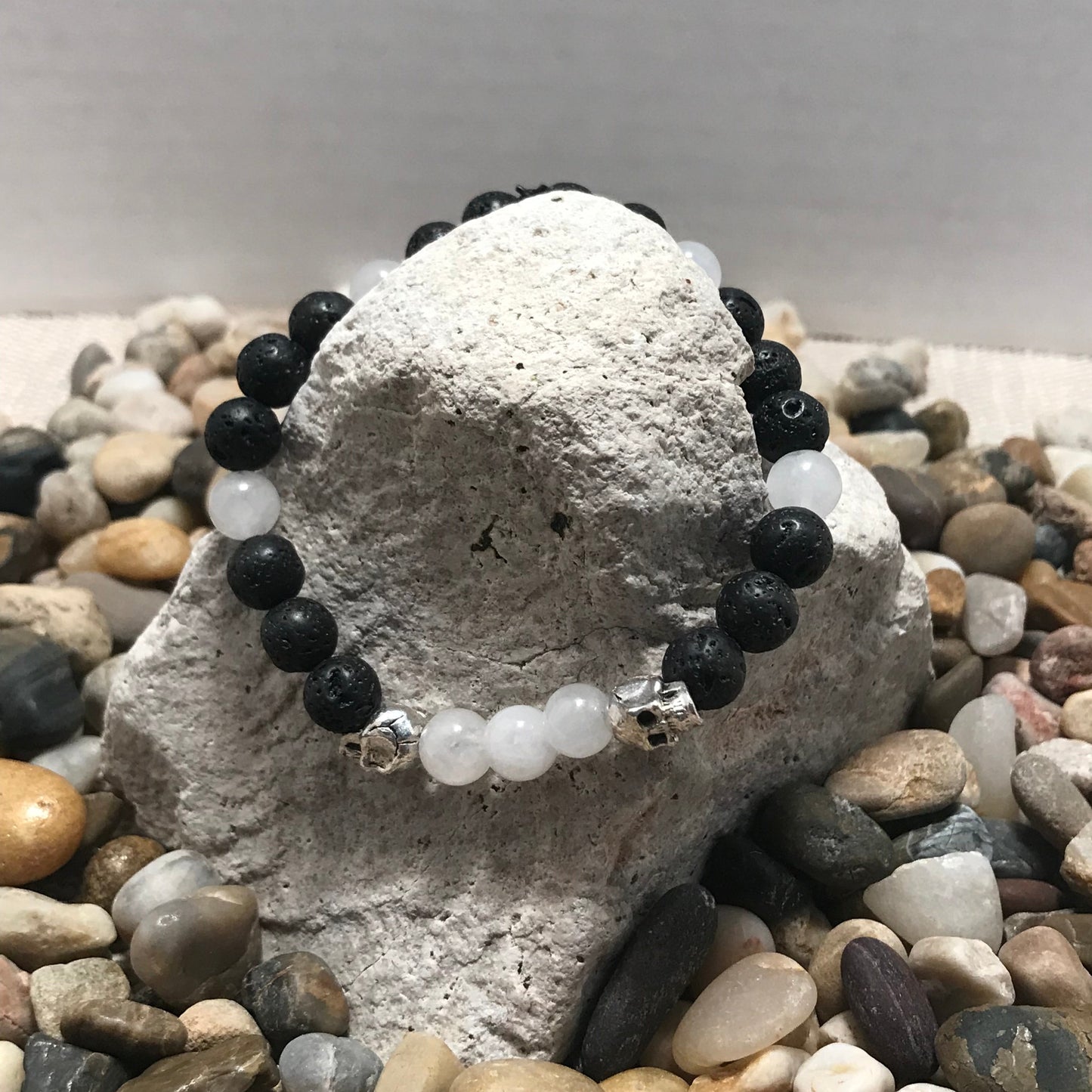 Spirit Skull Lava and White Jade Gemstone Healing Bracelet