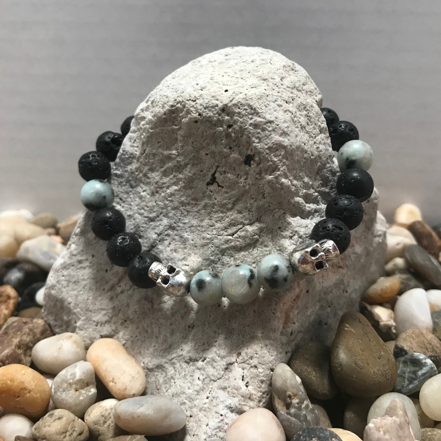 Spirit Skull Lava and Tianshan Blue Gemstone Healing Bracelet