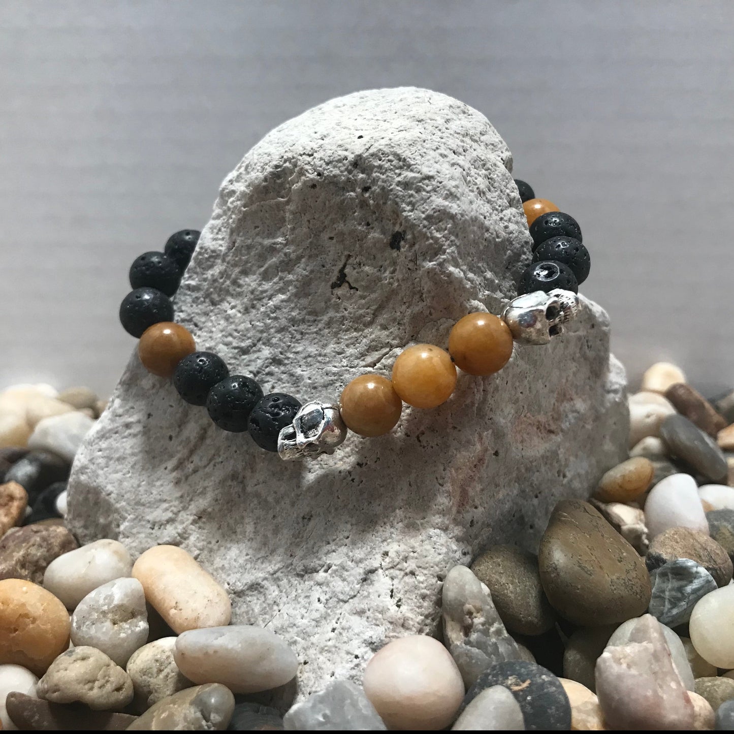 Spirit Skull Lava and Old Yellow Jade Gemstone Healing Bracelet