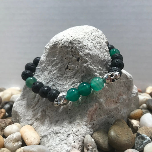 Spirit Skull Lava and Green Agate Gemstone Healing Bracelet