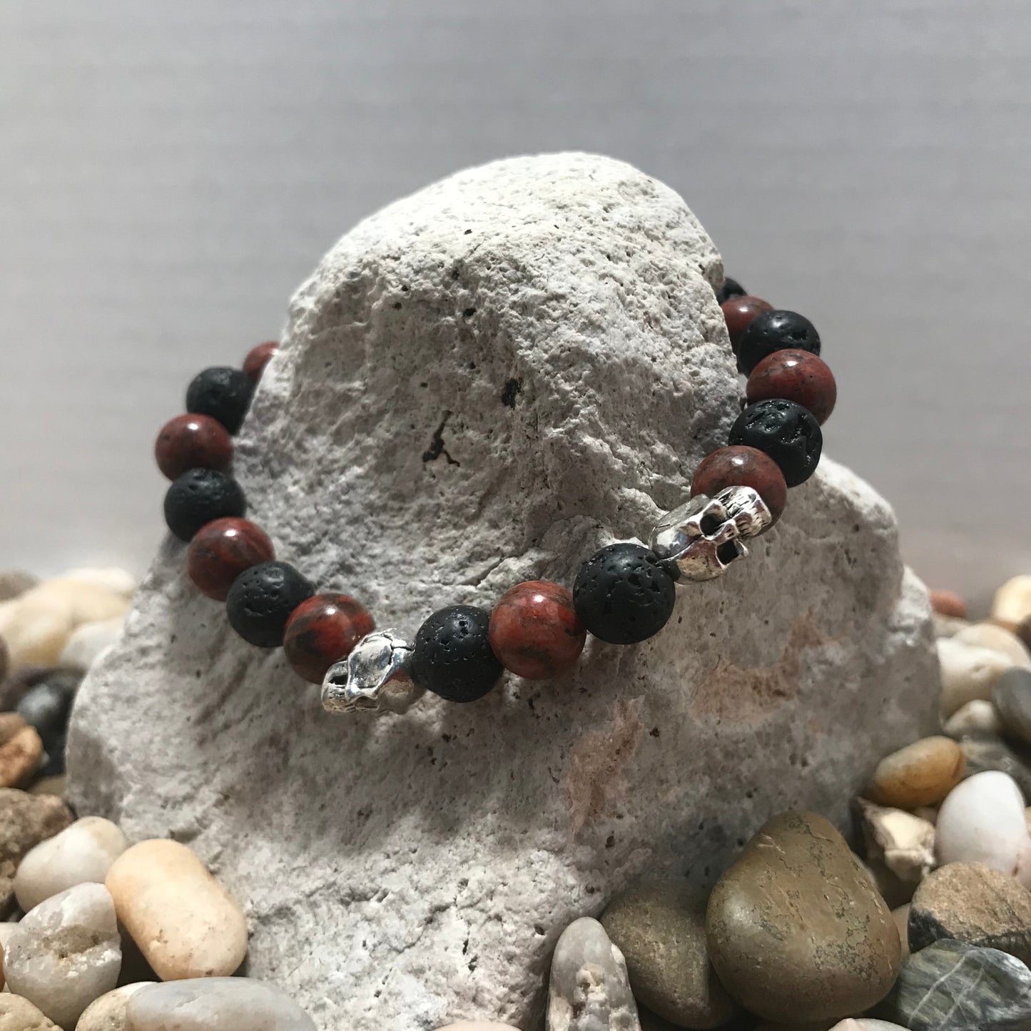 Spirit Skull Lava and Sesame Red Stone Healing Bracelet