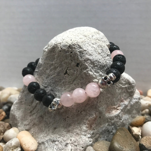 Spirit Skull Lava and Pink Quartz Gemstone Healing Bracelet