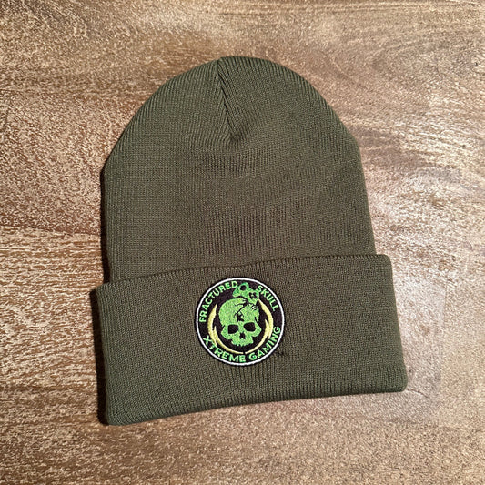 Fractured Skull Xtreme Embroidered Logo Folded Brim Beanie on Army Green