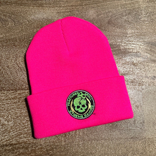 Fractured Skull Xtreme Embroidered Logo Folded Brim Beanie on Hot Pink