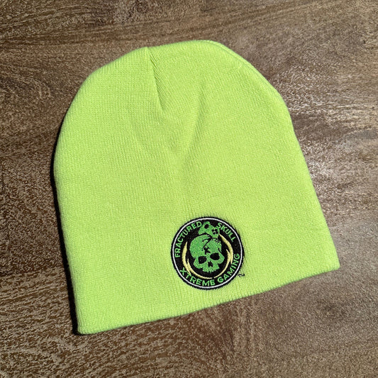 Fractured Skull Xtreme Embroidered Logo Beanie on Neon Yellow